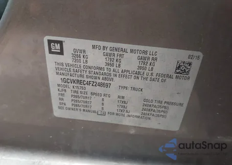 2015 Chevrolet Silverado 1500 1Lt from USA, damaged, VIN 1GCVKREC4FZ248697